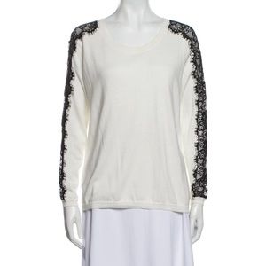 SANDRO Black and White Lace Colorblock Pattern Scoop Neck Sweater